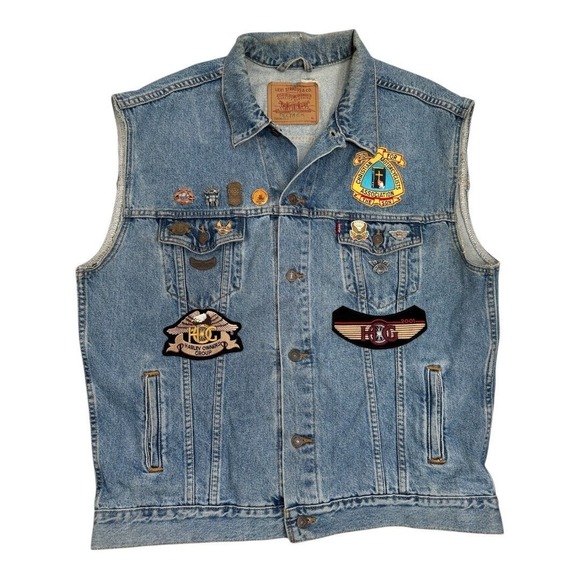 Levi's Other - Vintage Levis Denim Vest XL Riding For Christian Motorcycles Patches Harley Pins